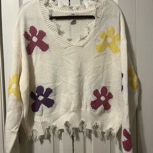 Rue21 Cream V-Neck Sweater with Floral Accents